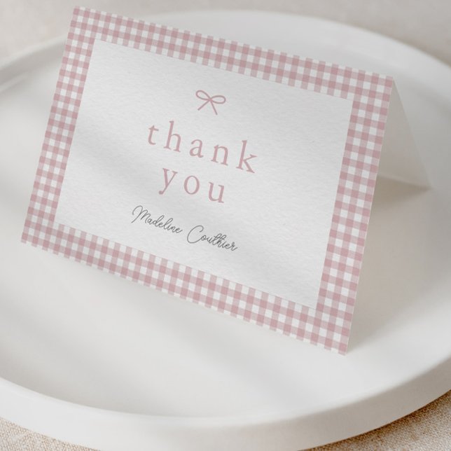 Tarjeta De Agradecimiento Elegantes Chicas rosados y ruidosos Baby Shower (Dusty pink bow gingham girls baby shower thank you card.)