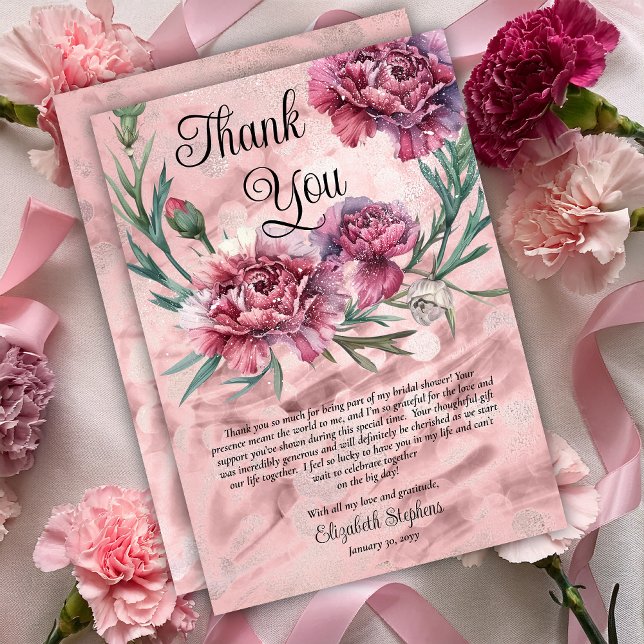 Tarjeta De Agradecimiento Elegantes claveles en acuarela rosa Gracias (Elegant Watercolor Pink Carnations Thank You Card)
