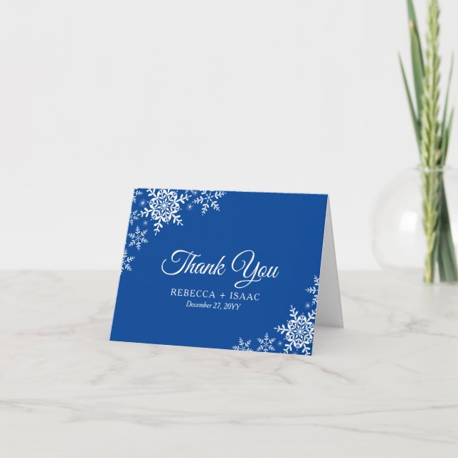Tarjeta De Agradecimiento Elegantes copos de nieve con Boda azul profundo (Anverso)
