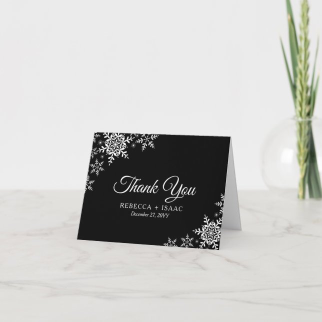 Tarjeta De Agradecimiento Elegantes copos de nieve con Boda negro (Anverso)
