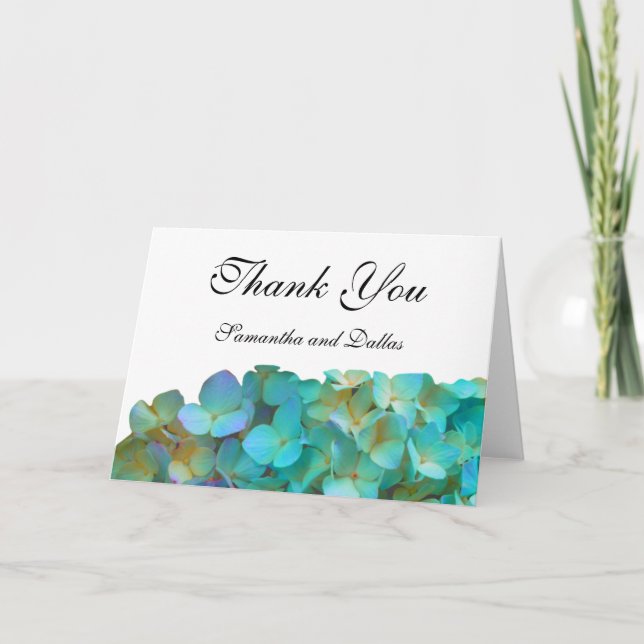 Tarjeta De Agradecimiento Elegantes florales azules verde azuladas hidrangea (Anverso)
