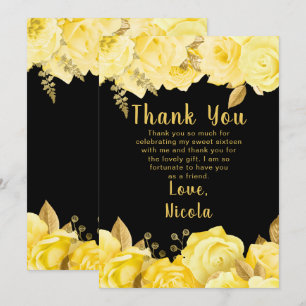 Tarjeta De Agradecimiento Elegantes flores amarillas y doradas Sweet Sixteen
