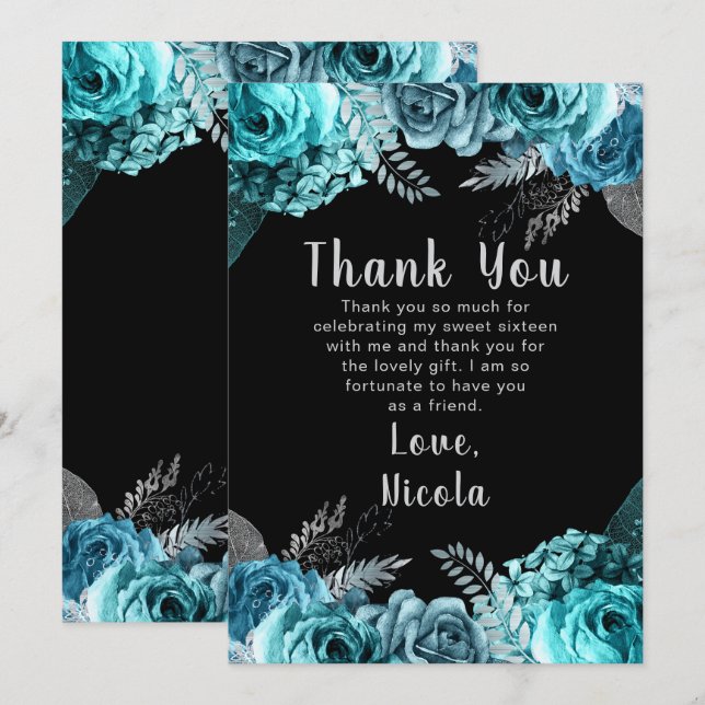 Tarjeta De Agradecimiento Elegantes flores azules y plateadas Dulces Diecisé (Anverso / Reverso)