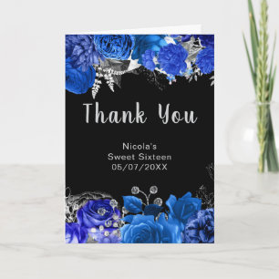Tarjeta De Agradecimiento Elegantes flores azules y plateadas Sweet Sixteen