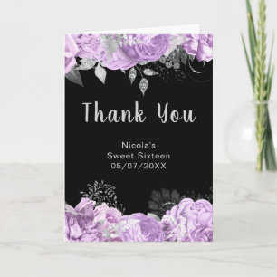 Tarjeta De Agradecimiento Elegantes flores de lila y plata Sweet Sixteen