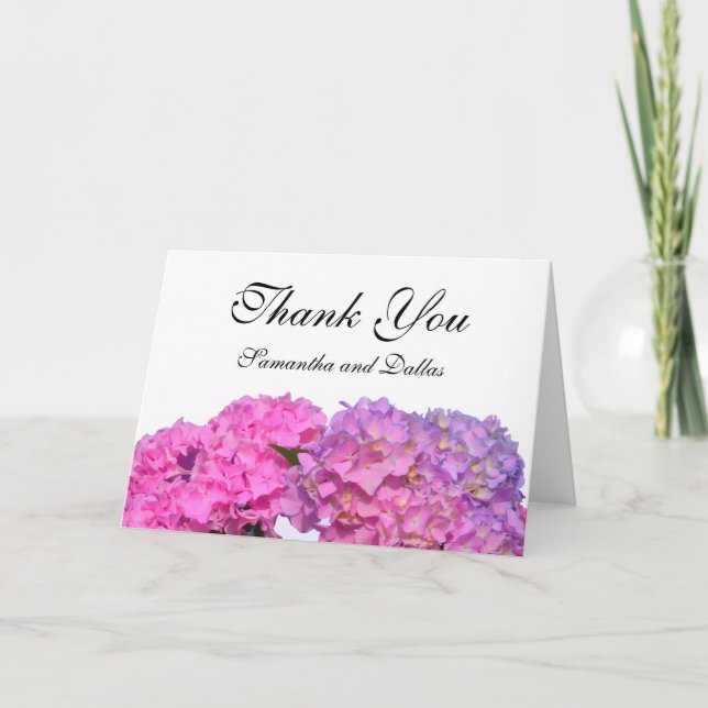 Tarjeta De Agradecimiento Elegantes flores moradas rosadas hortensias (Anverso)