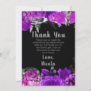 Tarjeta De Agradecimiento Elegantes flores moradas y plateadas Sweet Sixteen