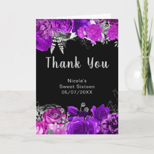 Tarjeta De Agradecimiento Elegantes flores moradas y plateadas Sweet Sixteen