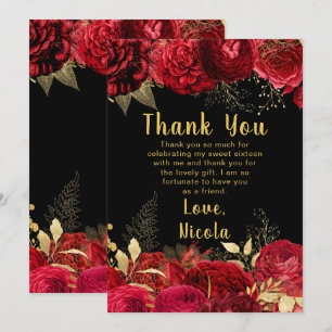 Tarjeta De Agradecimiento Elegantes flores rojas y doradas Sweet Sixteen
