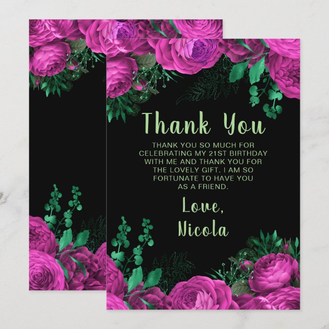 Tarjeta De Agradecimiento Elegantes flores rosadas de cumpleaños (Anverso / Reverso)