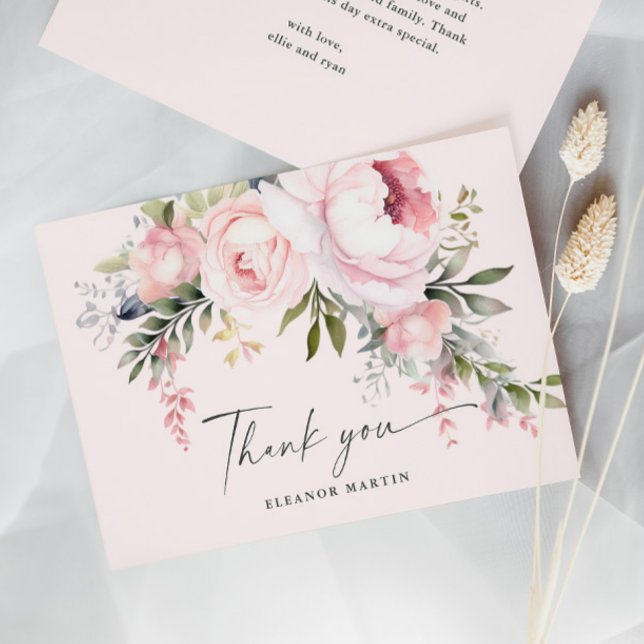 Tarjeta De Agradecimiento Elegantes flores rosadas verde jardín Baby Shower (Elegant Pink Flowers Greenery Garden Baby Shower Thank You Card.)