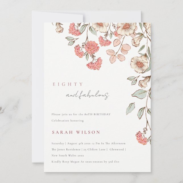 Tarjeta De Agradecimiento Elegantes flores rosas invitan a cumplir 80 años