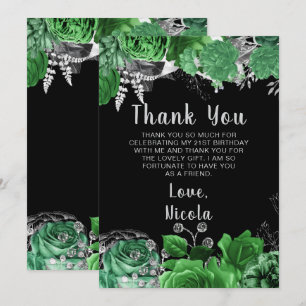 Tarjeta De Agradecimiento Elegantes flores verdes y plateadas para cumpleaño