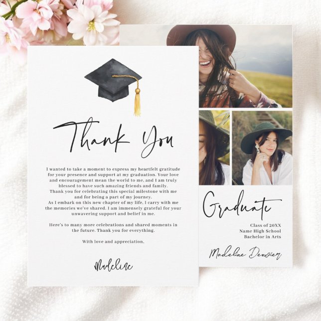 Tarjeta De Agradecimiento Elegantes fotos de graduación y Ilustracion de Cap (Elegant Graduation Photos and Cap Illustration Thank You Card)