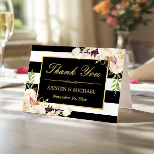 Tarjeta De Agradecimiento Elegantes franjas blancas con flores de marfil gra