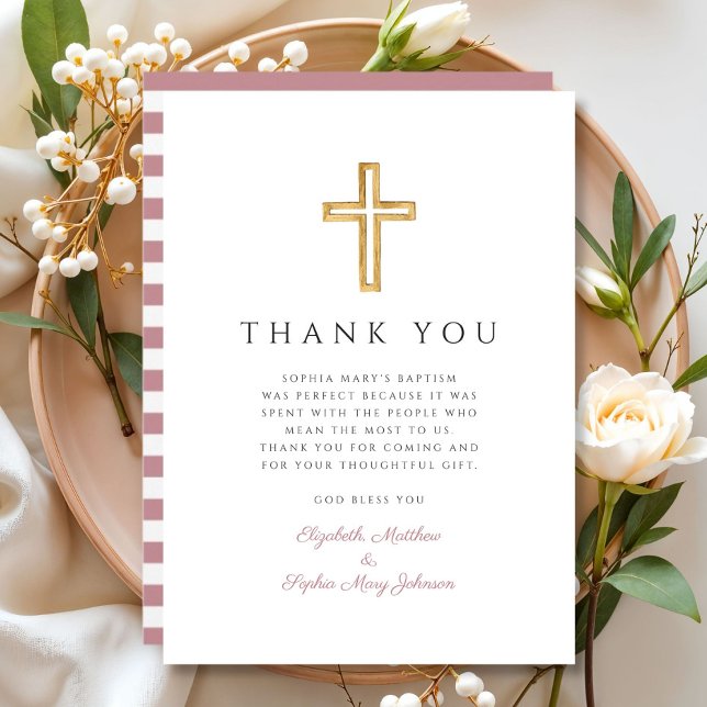 Tarjeta De Agradecimiento Elegantes franjas rosadas Bautismo religioso cruza (Elegant Pink Stripes Religious Cross Girl Baptism Thank You Card)