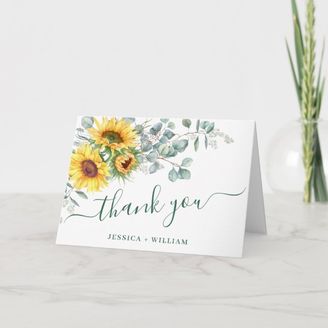 Tarjeta De Agradecimiento Elegantes girasoles Eucalipto Boda Rústico (Anverso)
