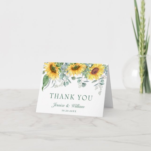 Tarjeta De Agradecimiento Elegantes girasoles Eucalipto Boda Rústico (Anverso)