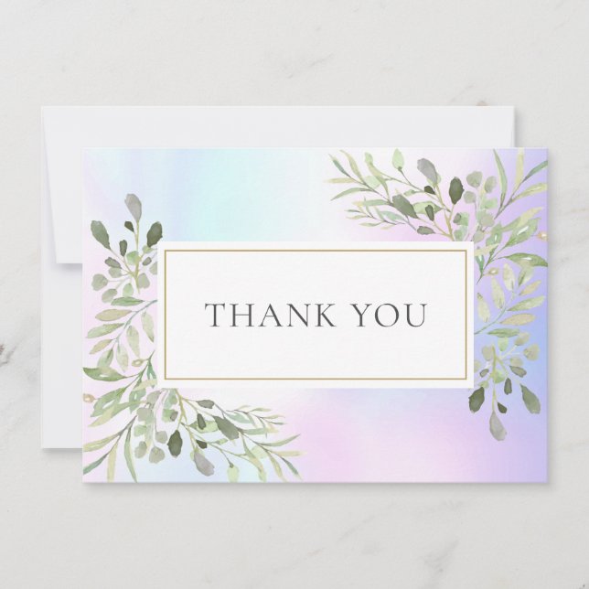 Tarjeta De Agradecimiento Elegantes Hojas de Verde Holográfico Gracias (Anverso)