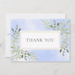 Tarjeta De Agradecimiento Elegantes Hojas Verdor Acuarela Azul Gracias