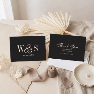 Tarjeta De Agradecimiento Elegantes iniciales de parejas de boda en negro y
