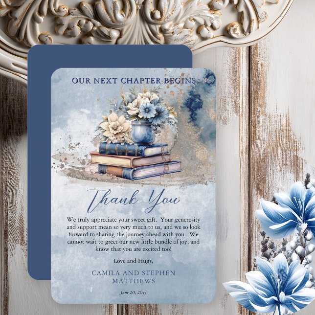 Tarjeta De Agradecimiento Elegantes Libros Florales Nuestro Siguiente Capítu (Rustic Vintage Look Elegance "Our Next Chapter Begins . . ."Old Books and Flowers Baby Shower Invite)