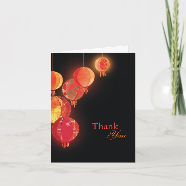 Tarjeta De Agradecimiento Elegantes Linternas Rojas Bodas Gracias (Anverso)