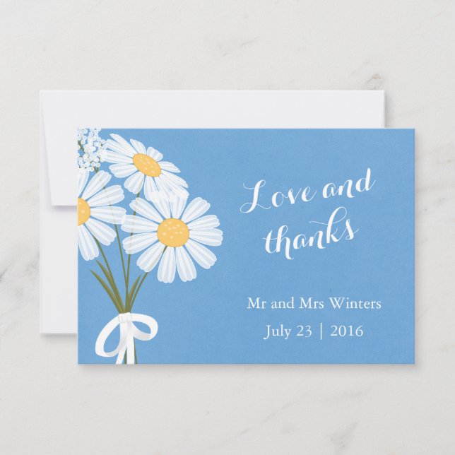 Tarjeta De Agradecimiento Elegantes margaritas blancas en azul Gracias Boda (Anverso)