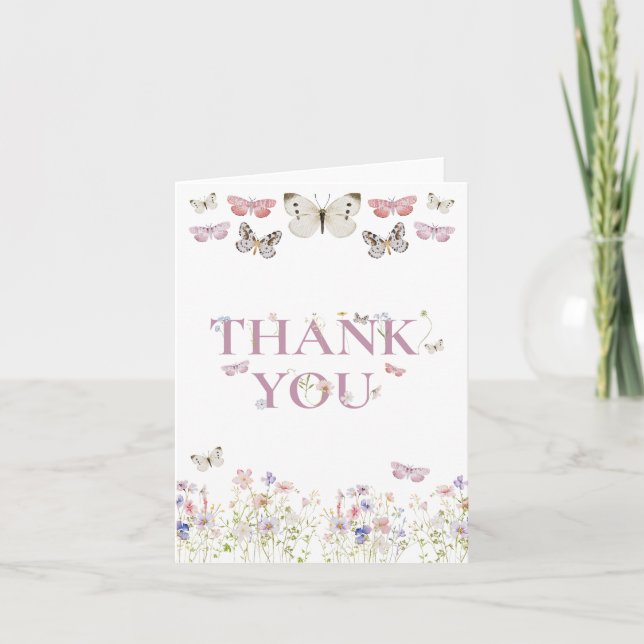 Tarjeta De Agradecimiento Elegantes mariposas de flores silvestres Chica ros (Anverso)