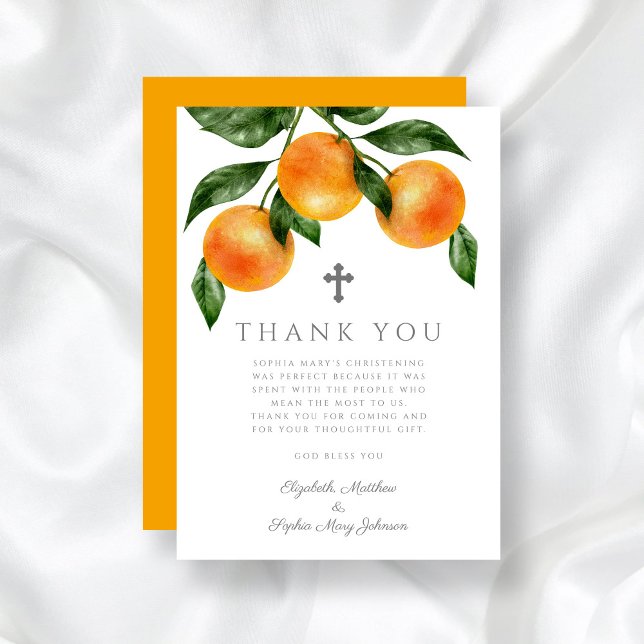 Tarjeta De Agradecimiento Elegantes Naranjas botánicos Chica Christening (Elegant Botanical Oranges Girl Christening Thank You Card)