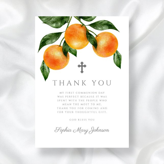 Tarjeta De Agradecimiento Elegantes Naranjas Citrus Primera Santa Comunión (Elegant Oranges Citrus First Holy Communion Thank You Card)