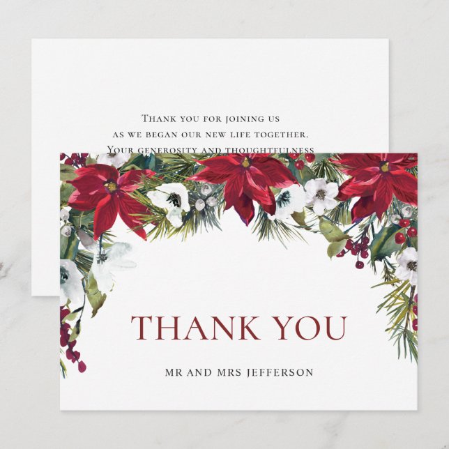 Tarjeta De Agradecimiento Elegantes Navidades de la Poinsettia Roja Boda Inv (Anverso / Reverso)