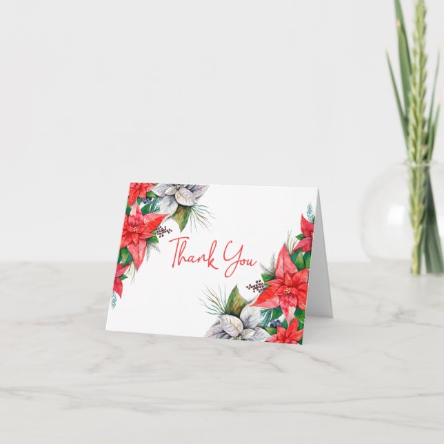 Tarjeta De Agradecimiento Elegantes Navidades de Poinsettia Rojo de Verdor D (Anverso)