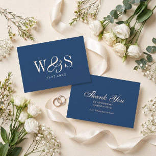 Tarjeta De Agradecimiento Elegantes parejas de novios iniciales en azul mari