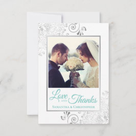 Tarjeta De Agradecimiento Elegantes personajes plateados y Aqua Love & Graci