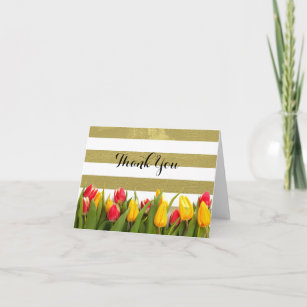 Tarjeta De Agradecimiento Elegantes rayas de oro y tulipanes