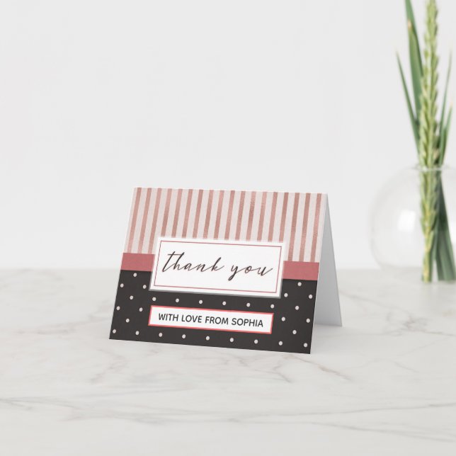 Tarjeta De Agradecimiento Elegantes rayas negras de lunares rosados Gracias (Anverso)