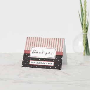 Tarjeta De Agradecimiento Elegantes rayas negras rosadas y lunares gracias