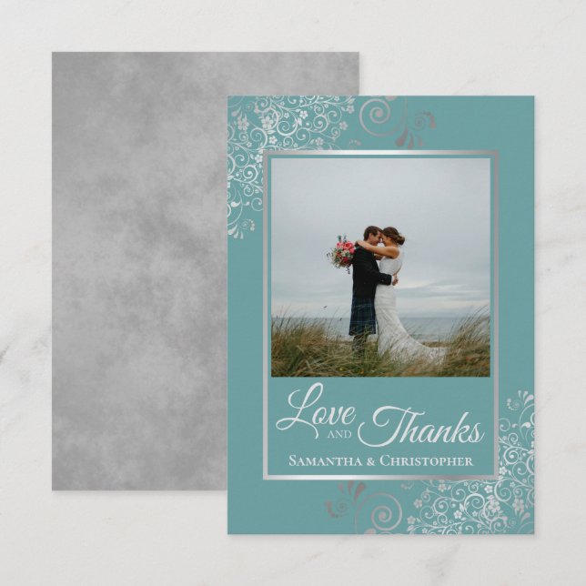 Tarjeta De Agradecimiento Elegantes rieles plateados sobre amor Verde azulad (Anverso / Reverso)