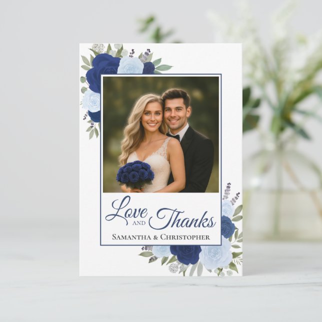 Tarjeta De Agradecimiento Elegantes Rosas azules Amor y Gracias Foto Boda (Anverso de pie)