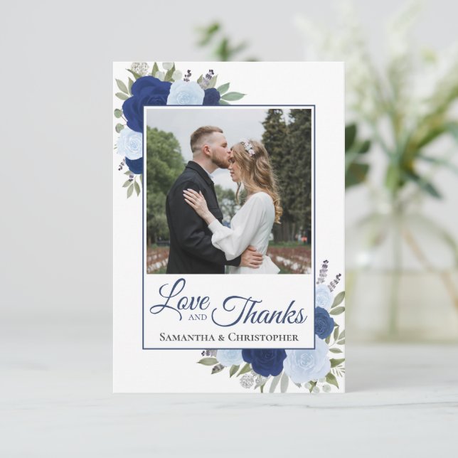 Tarjeta De Agradecimiento Elegantes Rosas azules Amor y Gracias Foto Boda (Anverso de pie)