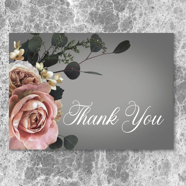 Tarjeta De Agradecimiento Elegantes Rosas de flores blancas rosadas Boda gri (Elegant Pink White Floral Roses Gray Wedding Thank You Card)