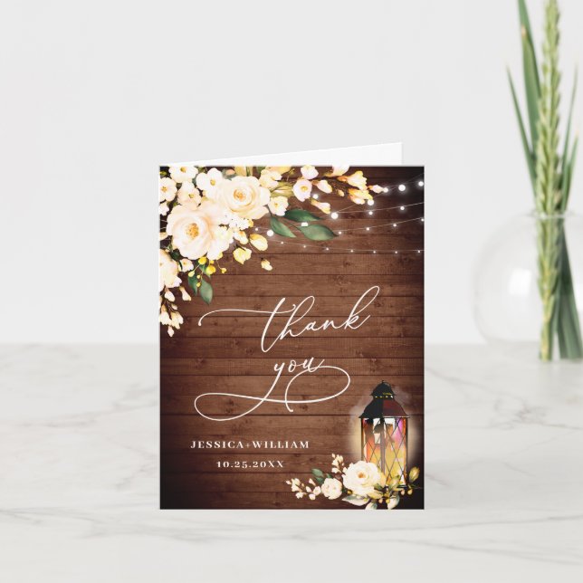 Tarjeta De Agradecimiento Elegantes Rosas de Rubor Rústica Linterna de Mader (Anverso)