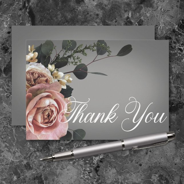 Tarjeta De Agradecimiento Elegantes Rosas Florales Blancas Rosadas Grises de (Elegant Pink White Floral Roses Gray Wedding Thank You Card)