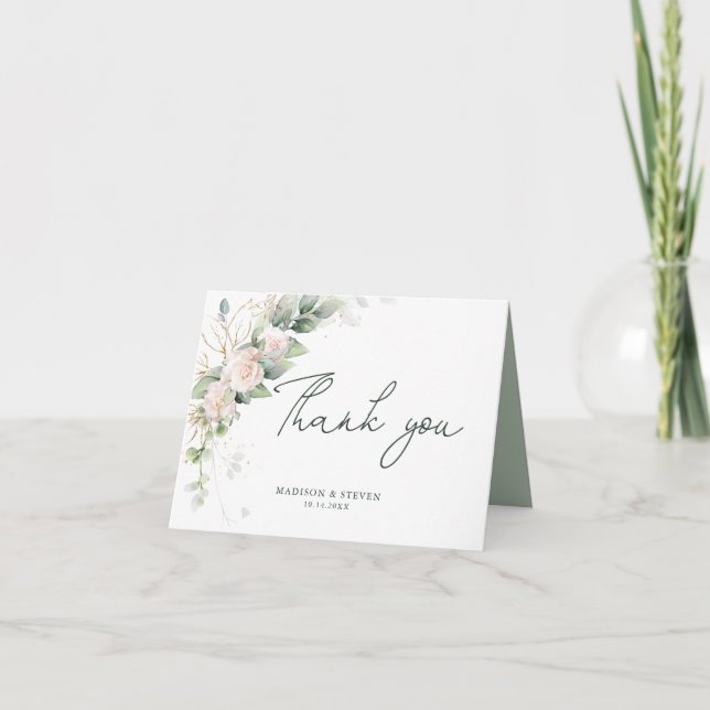 Tarjeta De Agradecimiento Elegantes Rosas Purpurinas de oro rosado Eucalyptu (Anverso)