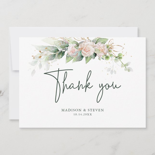 Tarjeta De Agradecimiento Elegantes Rosas Purpurinas de oro rosado Eucalyptu (Anverso)