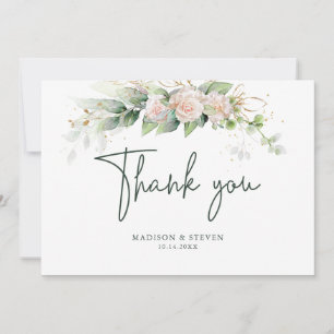 Tarjeta De Agradecimiento Elegantes Rosas Purpurinas de oro rosado Eucalyptu