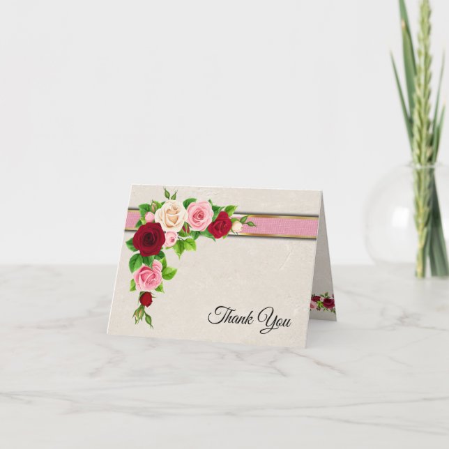 Tarjeta De Agradecimiento Elegantes rosas rojas y rosadas con Boda de oro (Anverso)