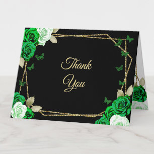 Tarjeta De Agradecimiento Elegantes Rosas Verdes de Oro Negro Cumpleaños 18 