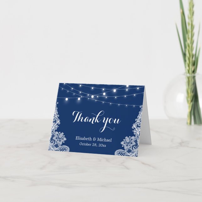 Tarjeta De Agradecimiento Elegantes String Lights Lace Navy Blue Gracias (Anverso)